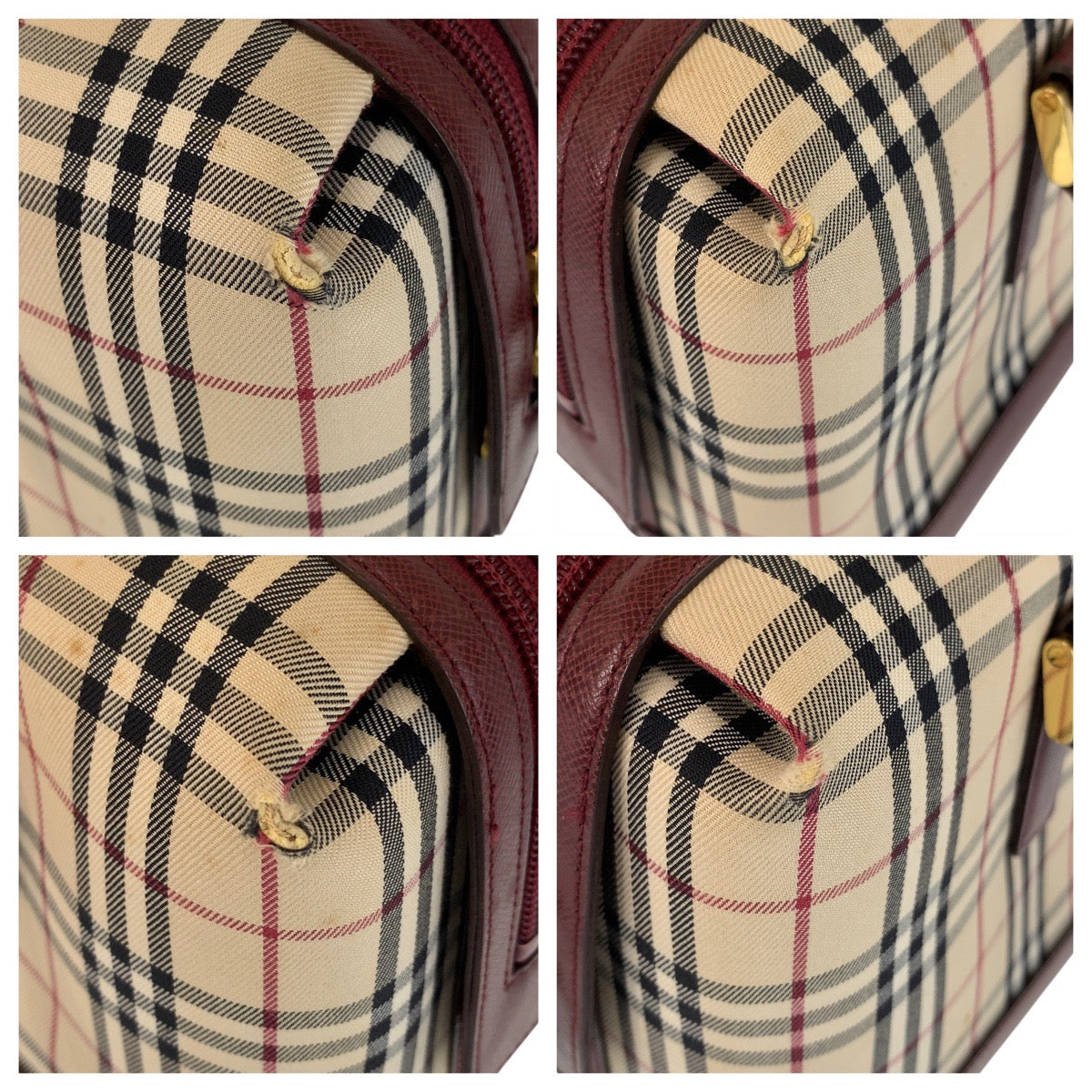 15305
BURBERRY バーバリー チェック柄 ベージュ ボルドー ゴールド金具 キャンバス / レザー ショルダーバッグ  レディース