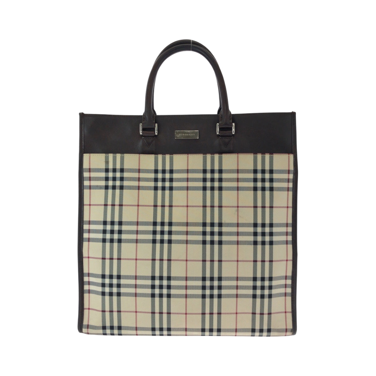 15306
BURBERRY バーバリー チェック柄 ベージュ ブラウン シルバー金具 キャンバス / レザー トートバッグ ハンドバッグ  レディース