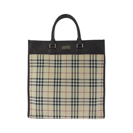15306
BURBERRY バーバリー チェック柄 ベージュ ブラウン シルバー金具 キャンバス / レザー トートバッグ ハンドバッグ  レディース