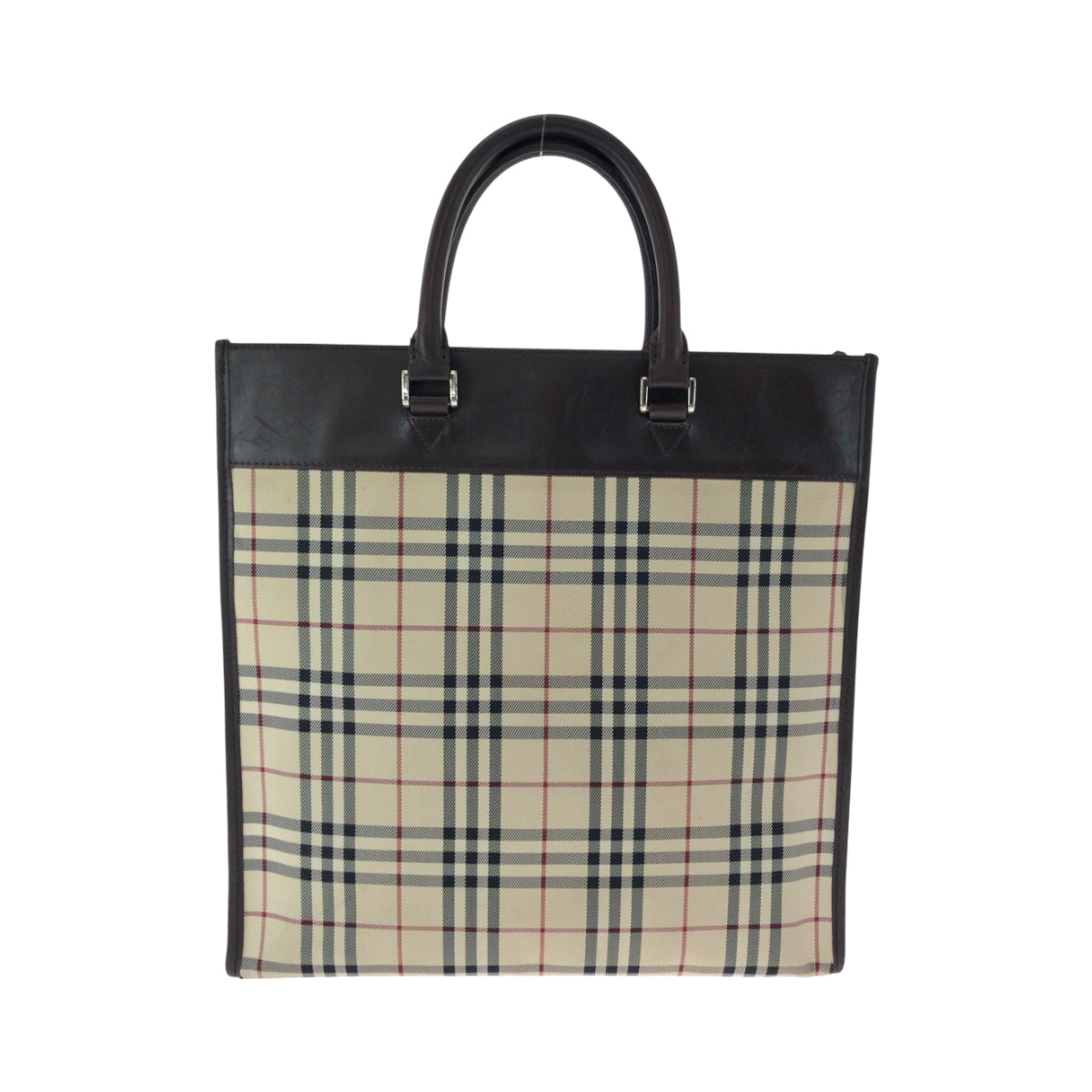 15306
BURBERRY バーバリー チェック柄 ベージュ ブラウン シルバー金具 キャンバス / レザー トートバッグ ハンドバッグ  レディース