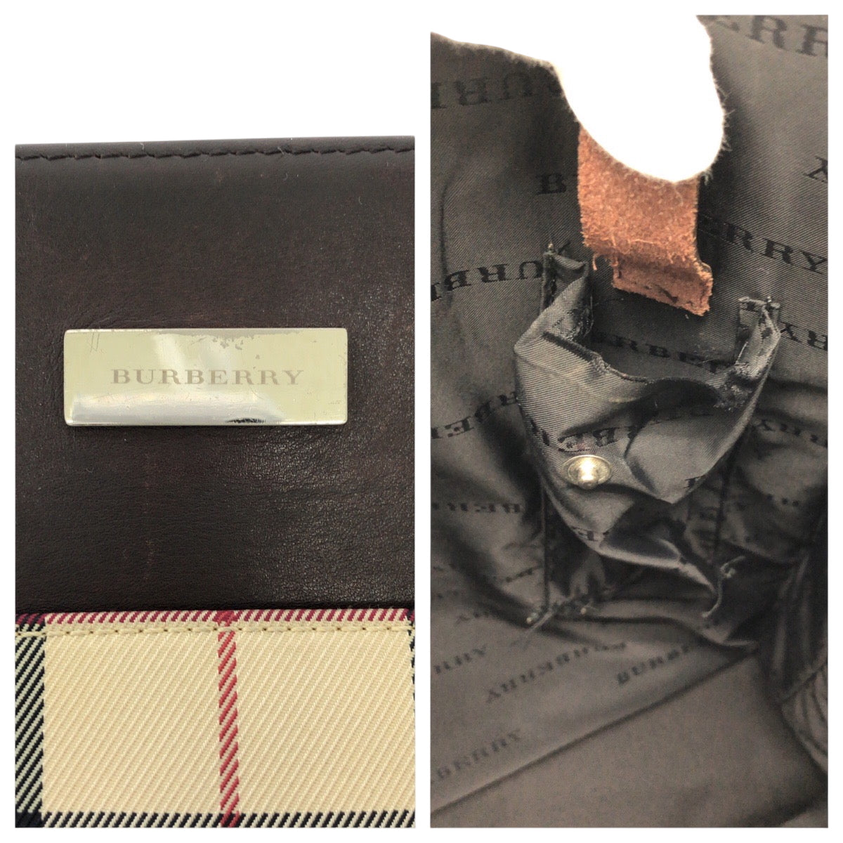 15306
BURBERRY バーバリー チェック柄 ベージュ ブラウン シルバー金具 キャンバス / レザー トートバッグ ハンドバッグ  レディース