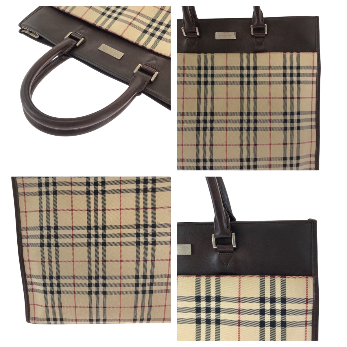 15306
BURBERRY バーバリー チェック柄 ベージュ ブラウン シルバー金具 キャンバス / レザー トートバッグ ハンドバッグ  レディース