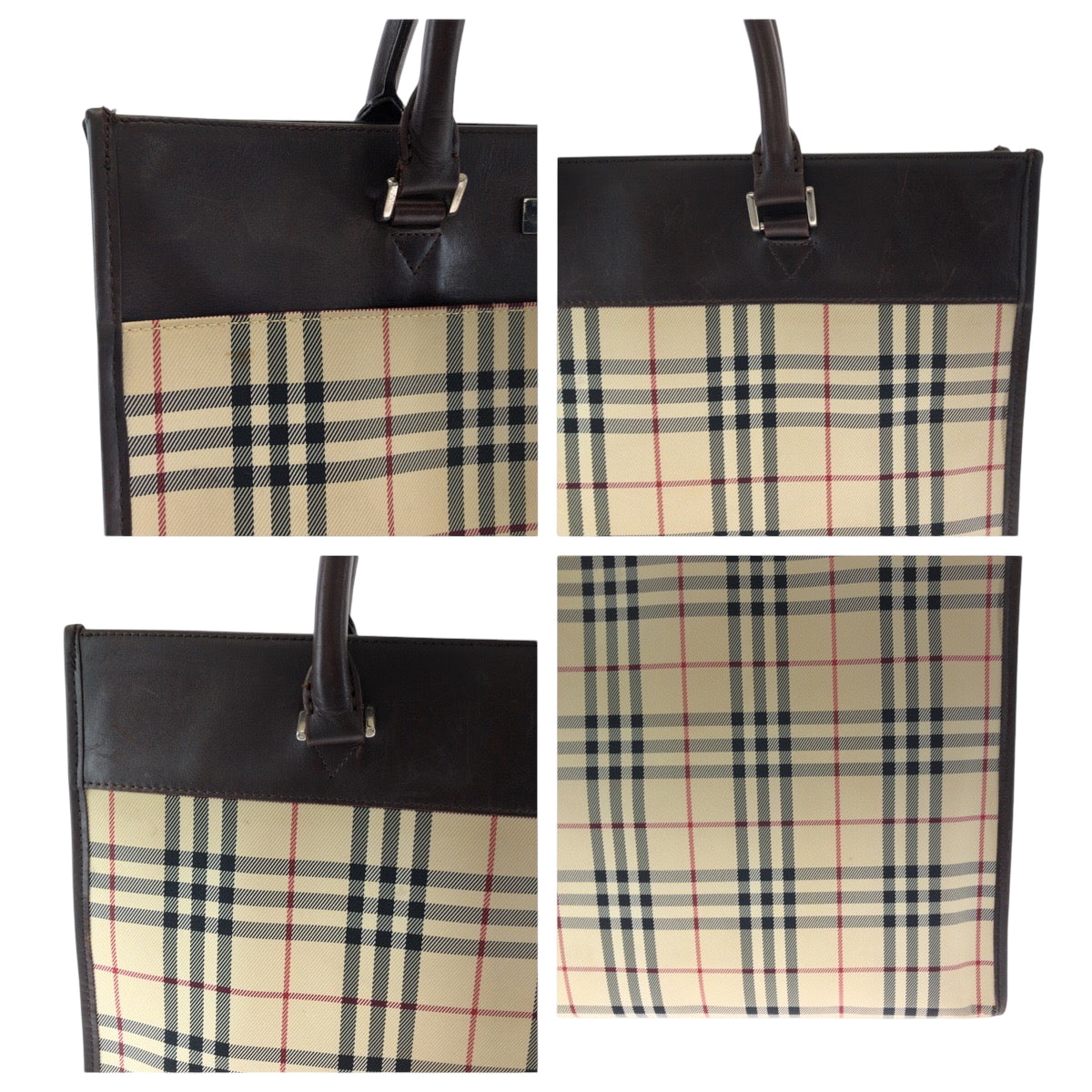 15306
BURBERRY バーバリー チェック柄 ベージュ ブラウン シルバー金具 キャンバス / レザー トートバッグ ハンドバッグ  レディース