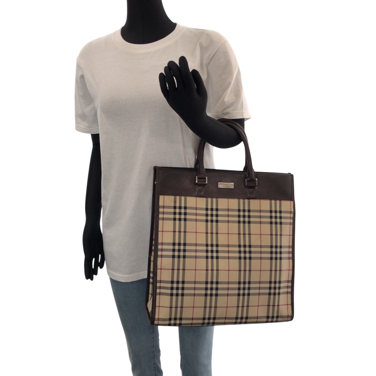 15306
BURBERRY バーバリー チェック柄 ベージュ ブラウン シルバー金具 キャンバス / レザー トートバッグ ハンドバッグ  レディース