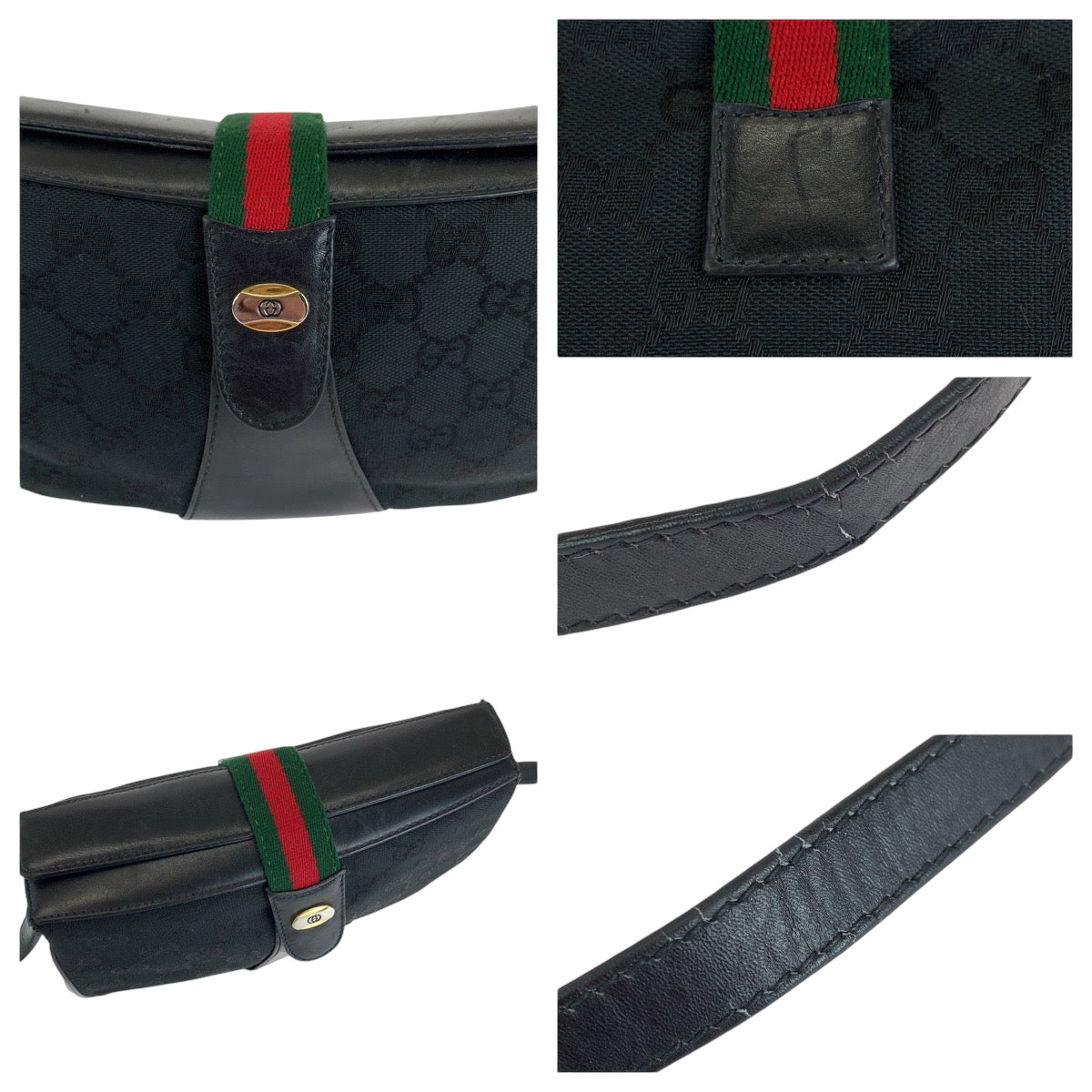 15310
GUCCI グッチ ヴィンテージ オールドグッチ シェリーライン ブラック 黒 ゴールド金具 GGキャンバス / レザー 10 02 024 ショルダーバッグ ポシェット  レディース