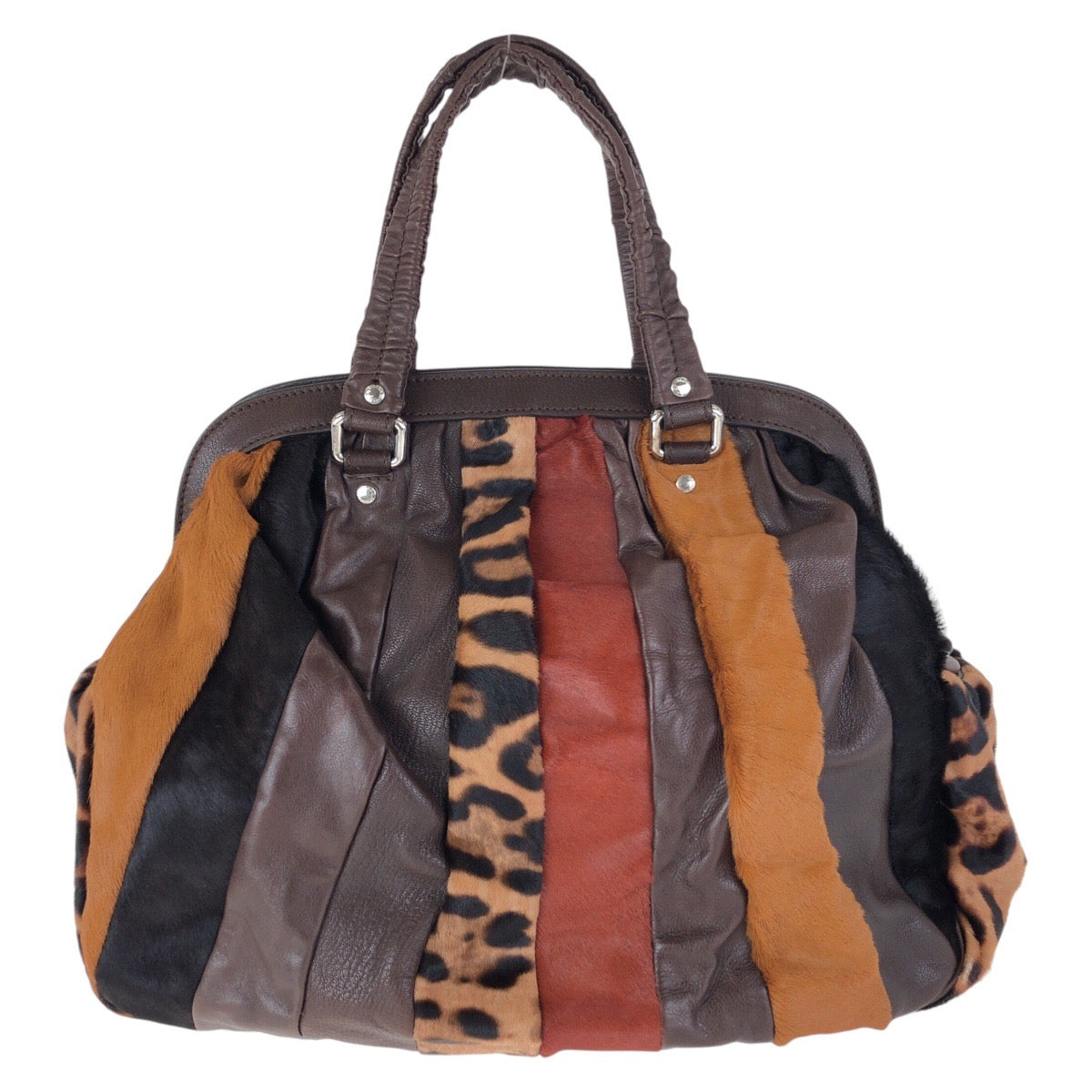 15313
DOLCE&GABBANA ドルチェアンドガッバーナ パッチワーク ブラウン シルバー金具 ハラコ / レザー トートバッグ ハンドバッグ  レディース