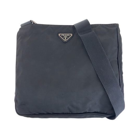 15319
PRADA プラダ テスート サフィアーノ 三角ロゴプレート ブラック 黒 シルバー金具 ナイロン / レザー ショルダーバッグ ポシェット  メンズ AB39
