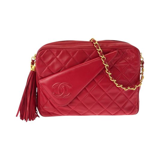 15328
CHANEL シャネル ヴィンテージ マトラッセ ココマーク タッセル フリンジ レッド ゴールド金具 レザー チェーンショルダーバッグ 肩掛け  レディース