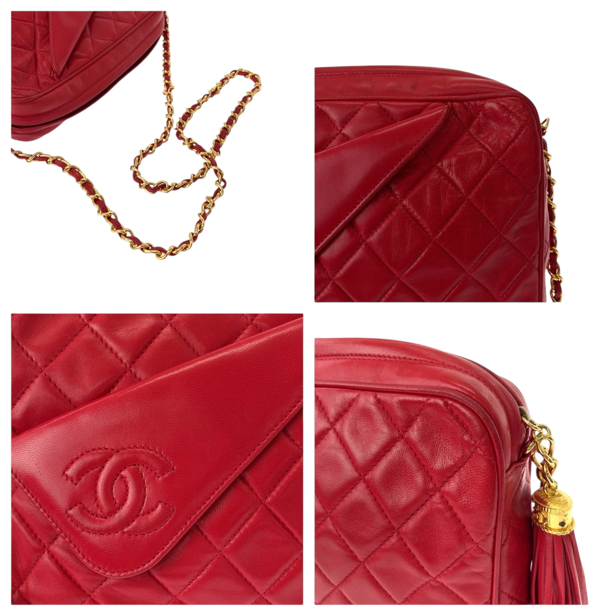 15328
CHANEL シャネル ヴィンテージ マトラッセ ココマーク タッセル フリンジ レッド ゴールド金具 レザー チェーンショルダーバッグ 肩掛け  レディース