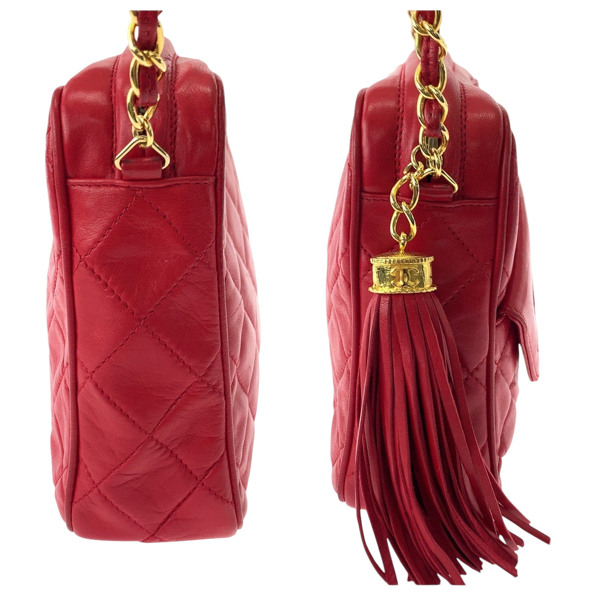 15328
CHANEL シャネル ヴィンテージ マトラッセ ココマーク タッセル フリンジ レッド ゴールド金具 レザー チェーンショルダーバッグ 肩掛け  レディース