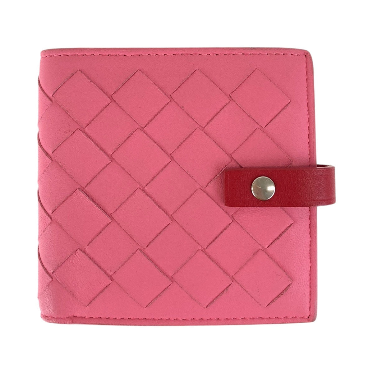15340
BOTTEGAVENETA ボッテガヴェネタ イントレチャート ピンク レッド シルバー金具 レザー 折財布 コンパクトウォレット  レディース ABP22