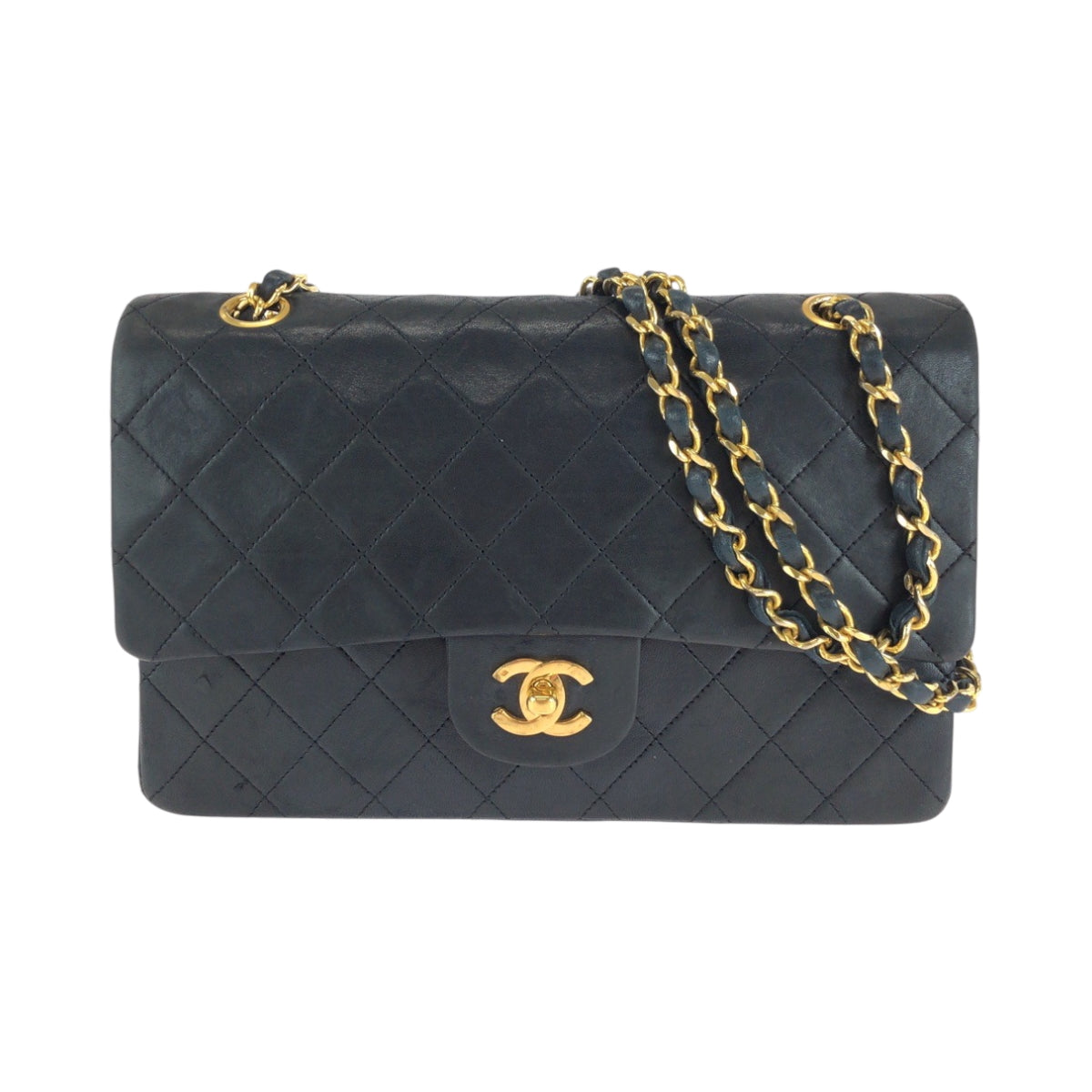 15353
CHANEL シャネル ヴィンテージ マトラッセ25 ダブルフラップ ココマーク ターンロック ブラック 黒 ゴールド金具 ラムスキン チェーンショルダーバッグ  レディース