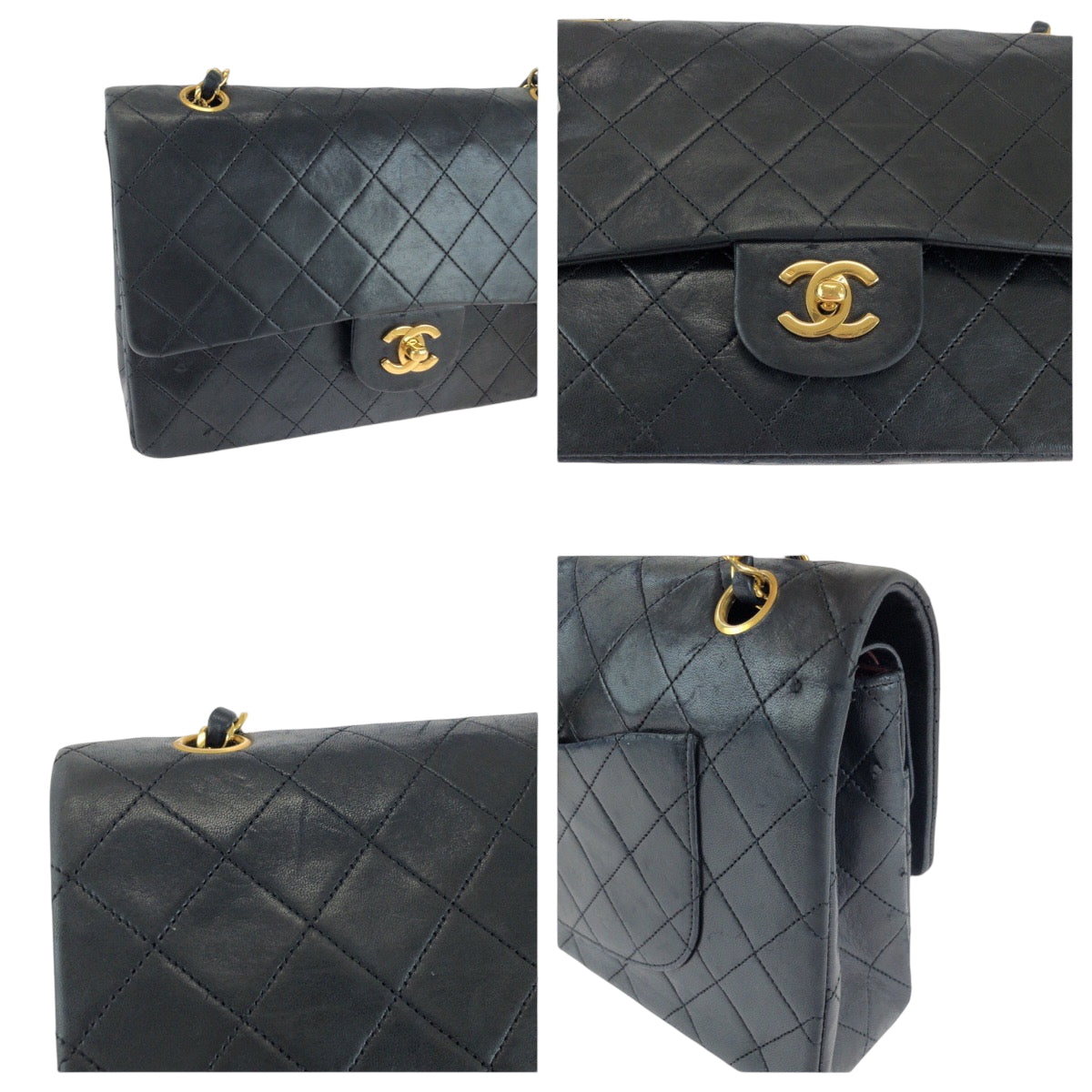 15353
CHANEL シャネル ヴィンテージ マトラッセ25 ダブルフラップ ココマーク ターンロック ブラック 黒 ゴールド金具 ラムスキン チェーンショルダーバッグ  レディース
