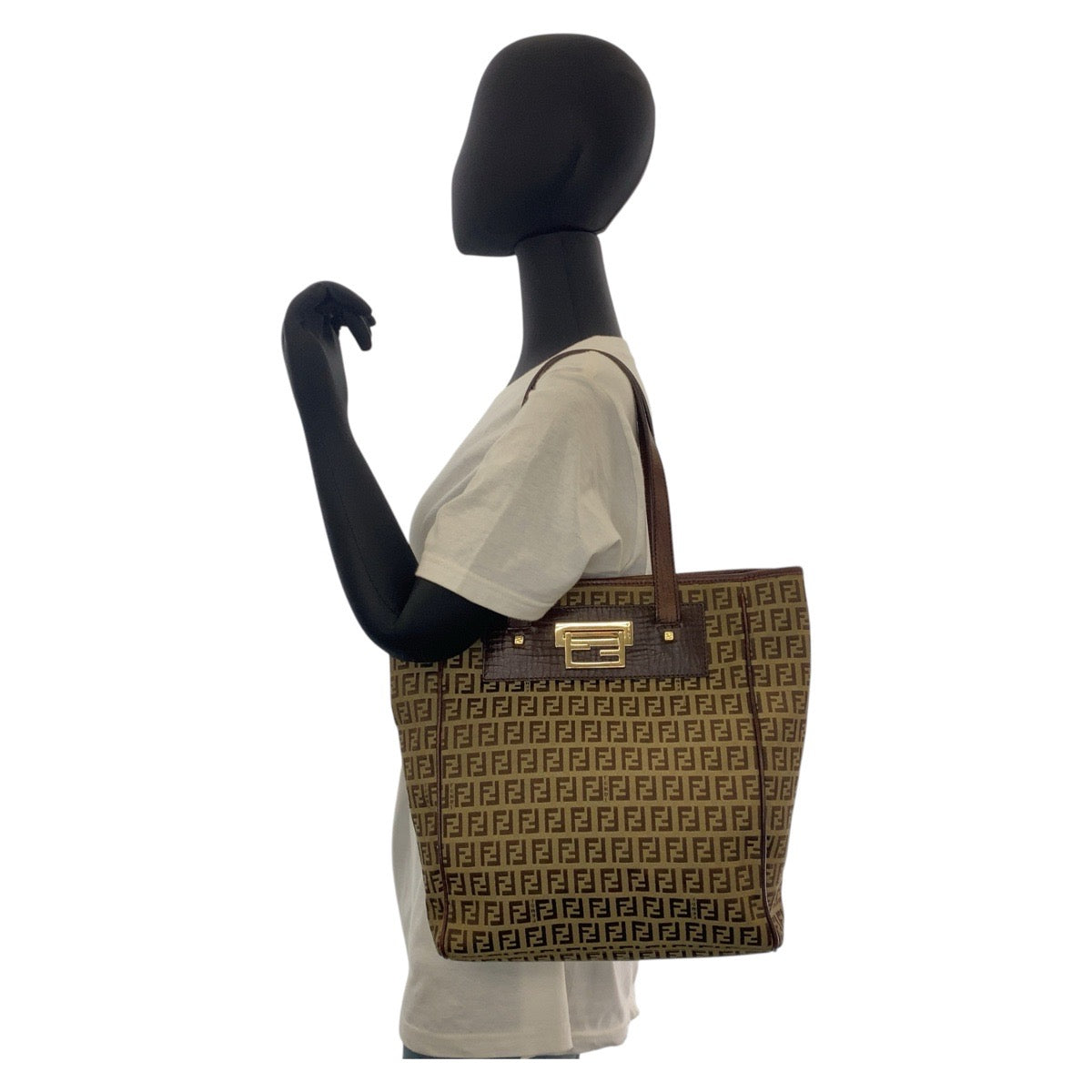 15354
FENDI フェンディ ズッカ ブラウン ベージュ ゴールド金具 キャンバス / レザー トートバッグ ショルダーバッグ  レディース