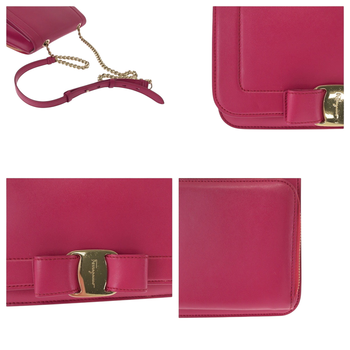 15356
Salvatore Ferragamo サルヴァトーレフェラガモ ヴァラ ピンク ゴールド金具 レザー チェーンショルダーバッグ ポシェット  レディース