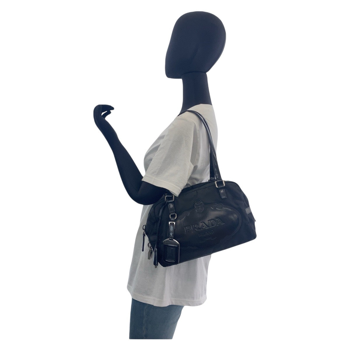 15366
PRADA プラダ テスート ロゴ型押し ブラック 黒 シルバー金具 ナイロン / レザー ショルダーバッグ  レディース
