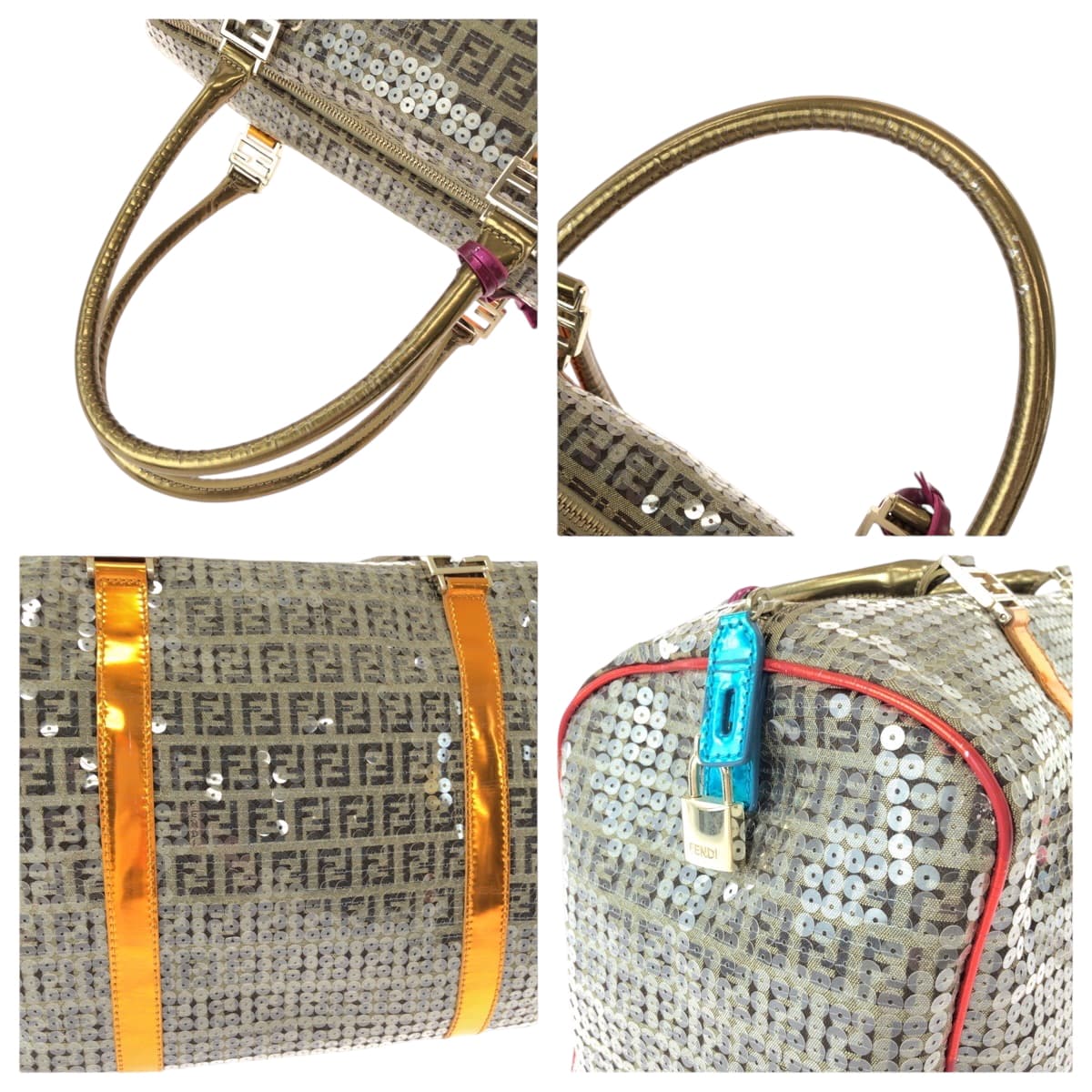 15369
FENDI フェンディ ズッキーノ スパンコール オーバーナイト ベージュ マルチカラー ゴールド金具 キャンバス 2370 8BL099 XBH 079 ボストンバッグ ハンドバッグ  レディース