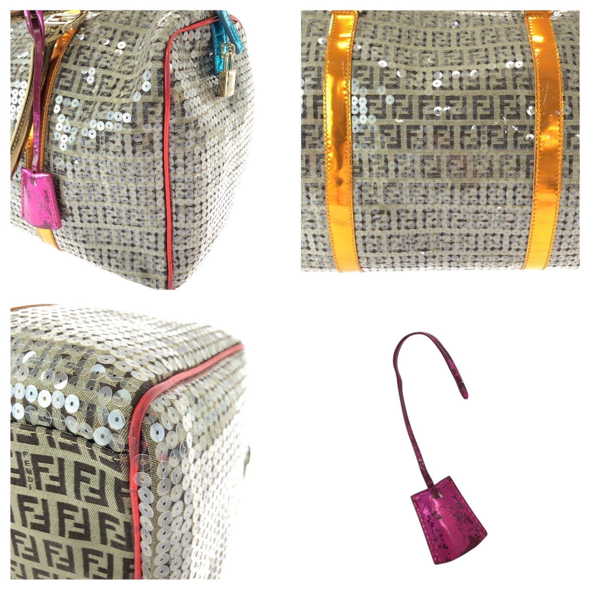 15369
FENDI フェンディ ズッキーノ スパンコール オーバーナイト ベージュ マルチカラー ゴールド金具 キャンバス 2370 8BL099 XBH 079 ボストンバッグ ハンドバッグ  レディース
