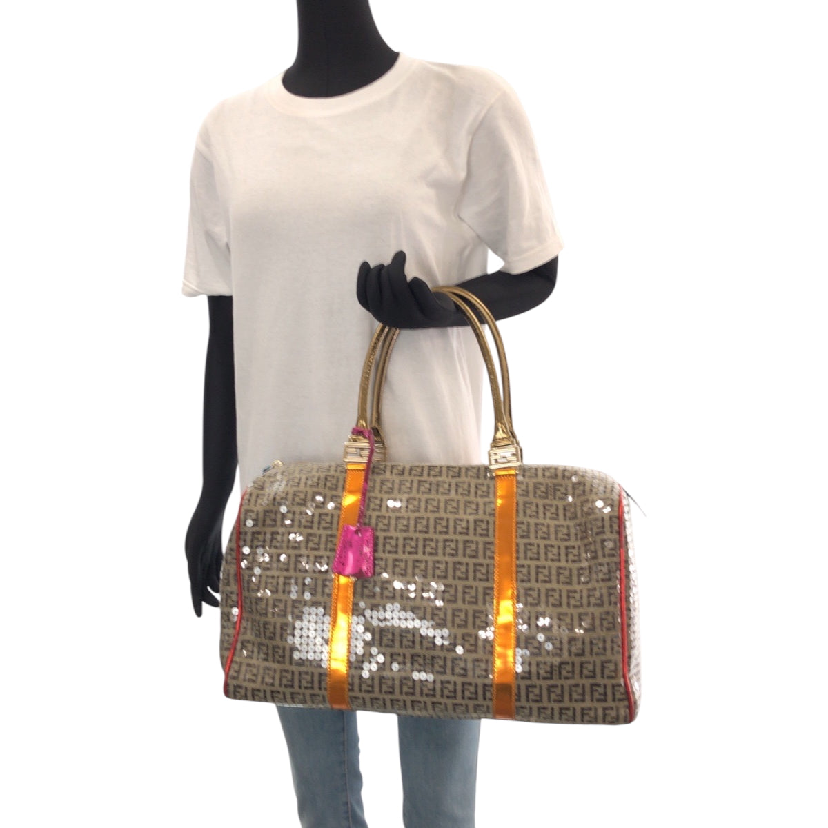 15369
FENDI フェンディ ズッキーノ スパンコール オーバーナイト ベージュ マルチカラー ゴールド金具 キャンバス 2370 8BL099 XBH 079 ボストンバッグ ハンドバッグ  レディース