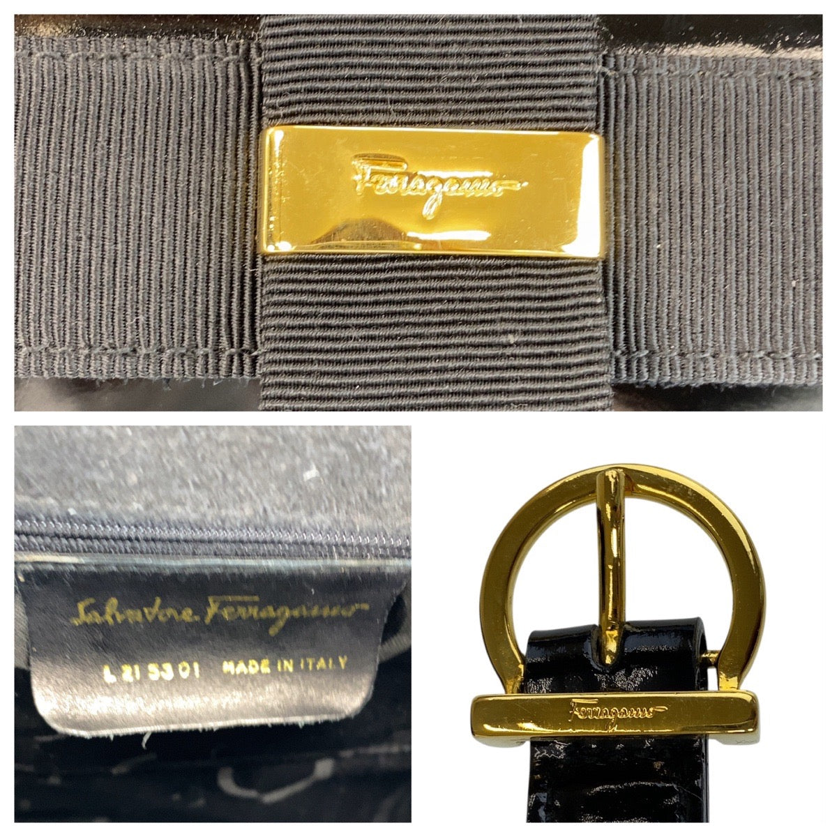 15371
Salvatore Ferragamo サルヴァトーレフェラガモ ヴァラリボン ブラック 黒 ゴールド金具 パテントレザー ハンドバッグ ショルダーバッグ 2way  レディース