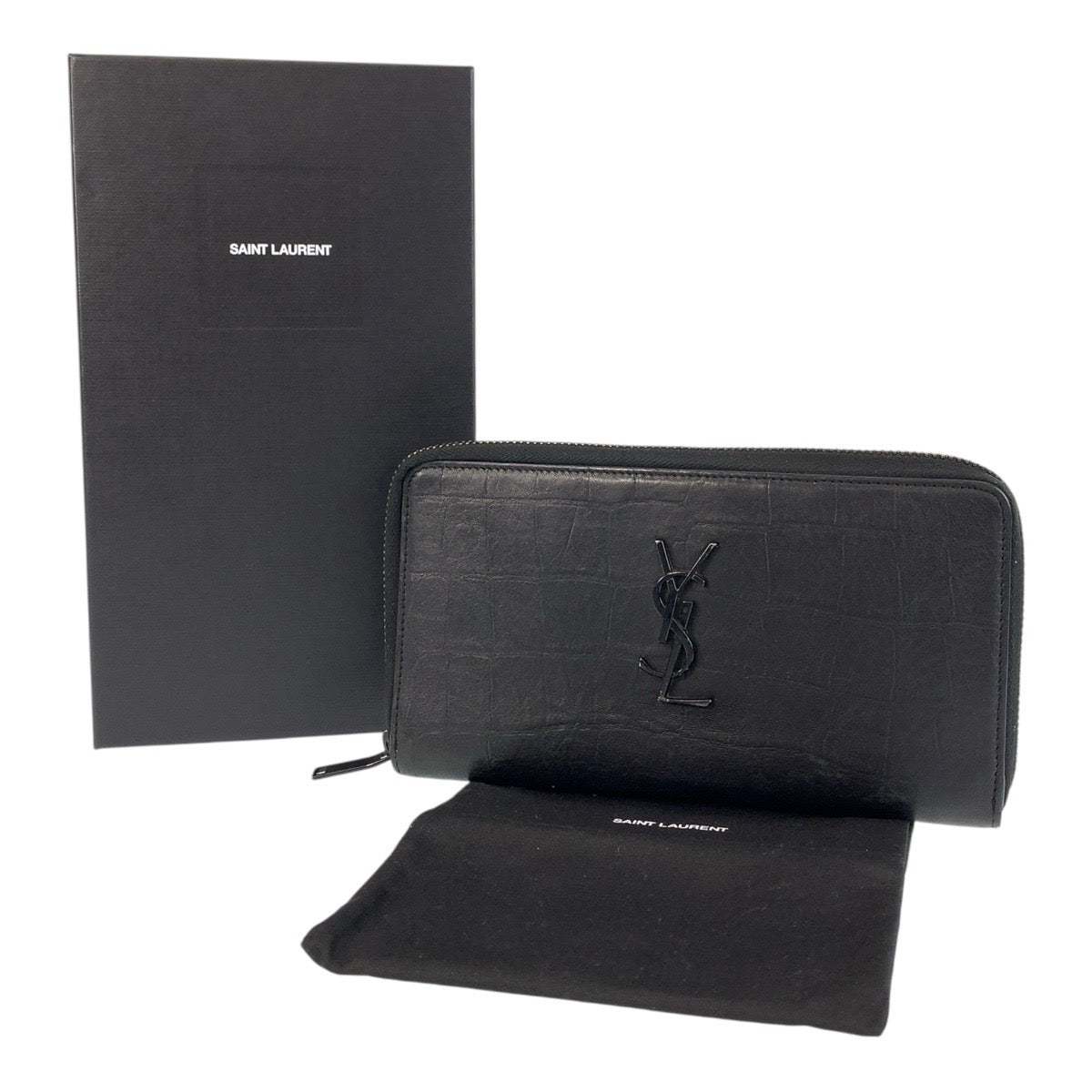 15375
 SAINT LAURENT PARIS YSL embossed black leather long wallet for men