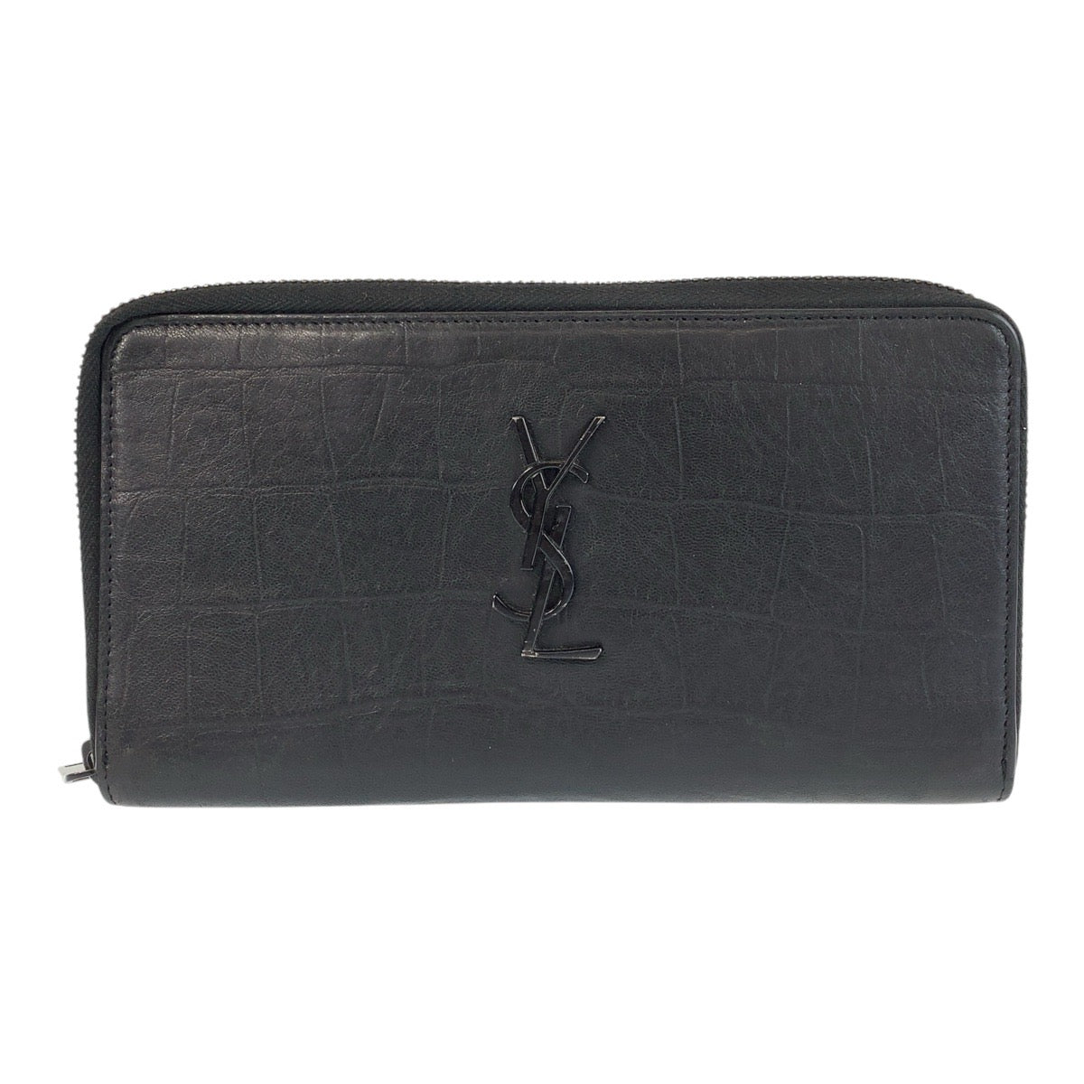 15375
 SAINT LAURENT PARIS YSL embossed black leather long wallet for men