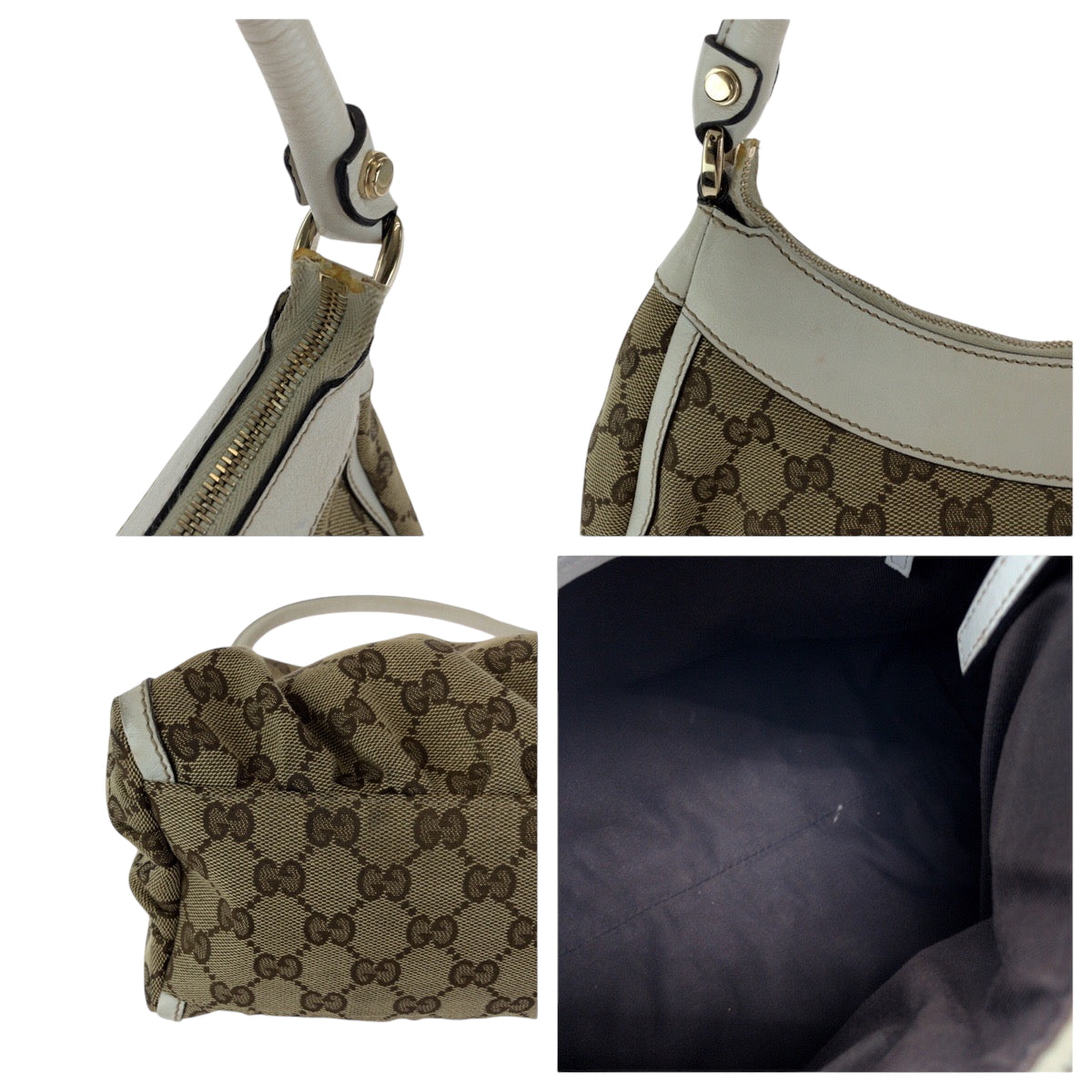 15409
GUCCI グッチ アビー ベージュ ホワイト ゴールド金具 GGキャンバス 190525 ホーボー ワンショルダーバッグ 肩掛け  レディース