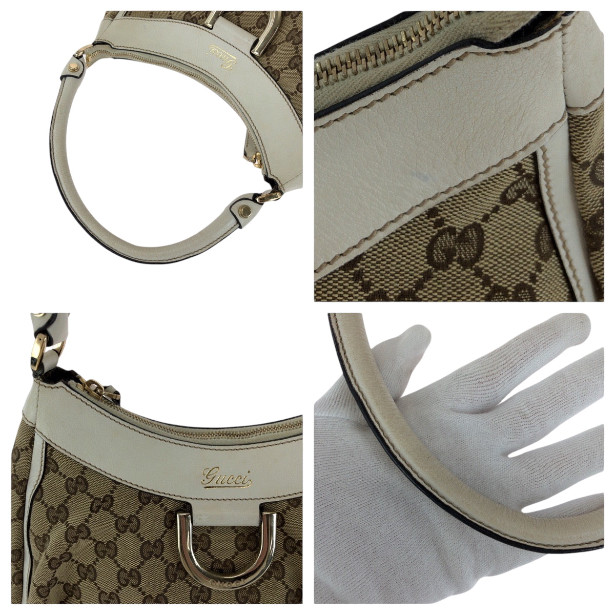 15409
GUCCI グッチ アビー ベージュ ホワイト ゴールド金具 GGキャンバス 190525 ホーボー ワンショルダーバッグ 肩掛け  レディース