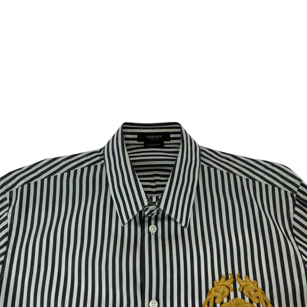 15413
VERSACE ヴェルサーチ メデューサ サイズ39 グレー ホワイト コットン A87413 長袖シャツ ストライプシャツ  メンズ