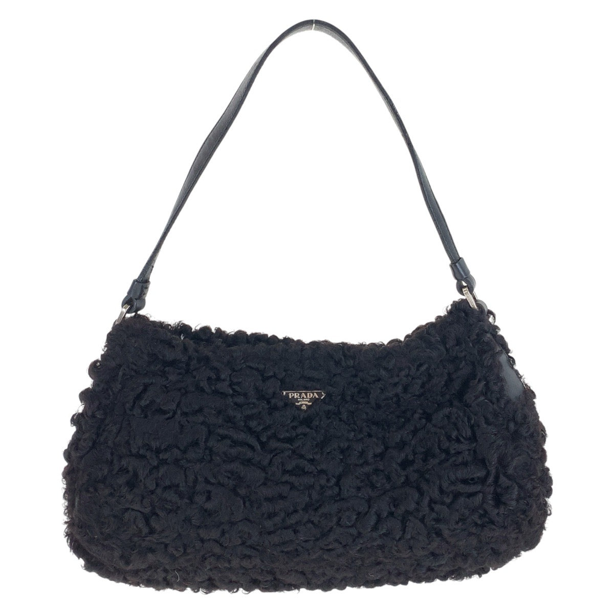 15416
PRADA プラダ ペルシア ラムズウール 三角ロゴプレート ブラック 黒 シルバー金具 ウール / レザー ハンドバッグ アクセサリーポーチ  レディース