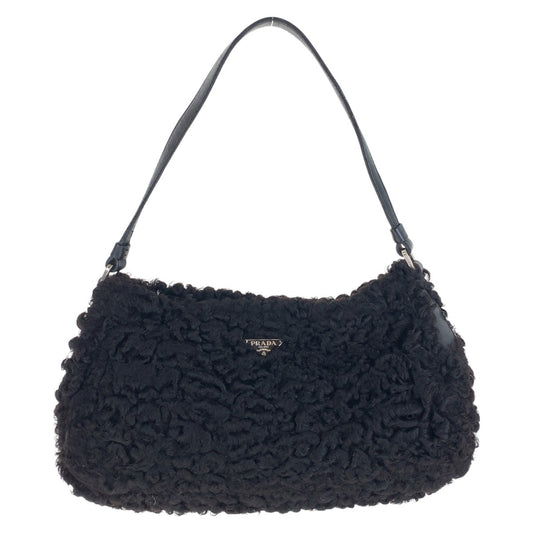 15416
PRADA プラダ ペルシア ラムズウール 三角ロゴプレート ブラック 黒 シルバー金具 ウール / レザー ハンドバッグ アクセサリーポーチ  レディース