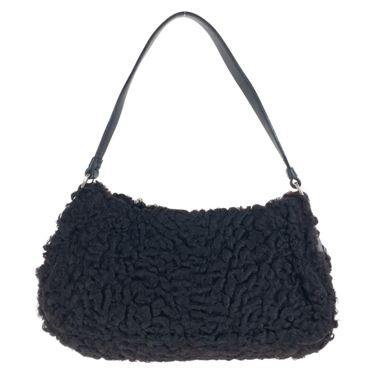 15416
PRADA プラダ ペルシア ラムズウール 三角ロゴプレート ブラック 黒 シルバー金具 ウール / レザー ハンドバッグ アクセサリーポーチ  レディース