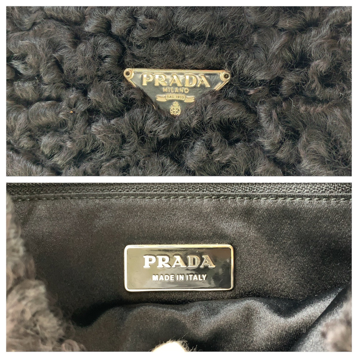 15416
PRADA プラダ ペルシア ラムズウール 三角ロゴプレート ブラック 黒 シルバー金具 ウール / レザー ハンドバッグ アクセサリーポーチ  レディース