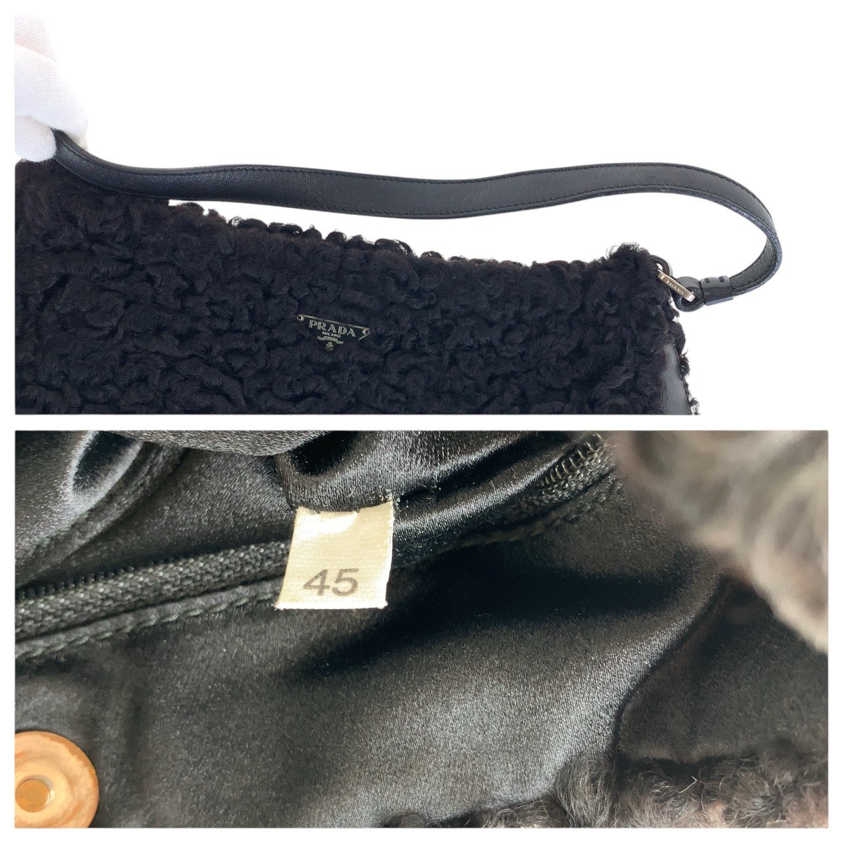 15416
PRADA プラダ ペルシア ラムズウール 三角ロゴプレート ブラック 黒 シルバー金具 ウール / レザー ハンドバッグ アクセサリーポーチ  レディース