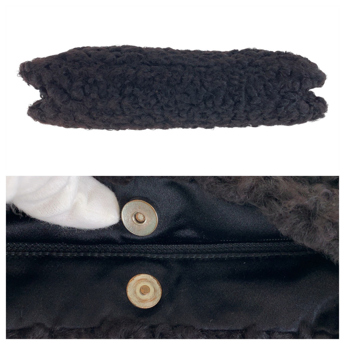 15416
PRADA プラダ ペルシア ラムズウール 三角ロゴプレート ブラック 黒 シルバー金具 ウール / レザー ハンドバッグ アクセサリーポーチ  レディース
