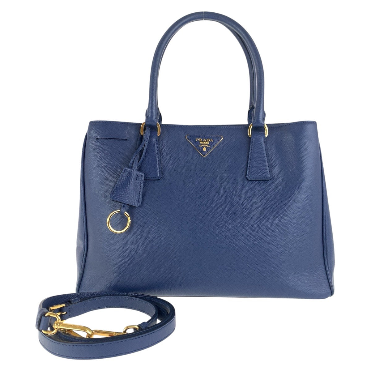 15419
PRADA プラダ サフィアーノ ガレリア 三角ロゴプレート ブルー ゴールド金具 レザー トートバッグ ショルダーバッグ 2way  レディース
