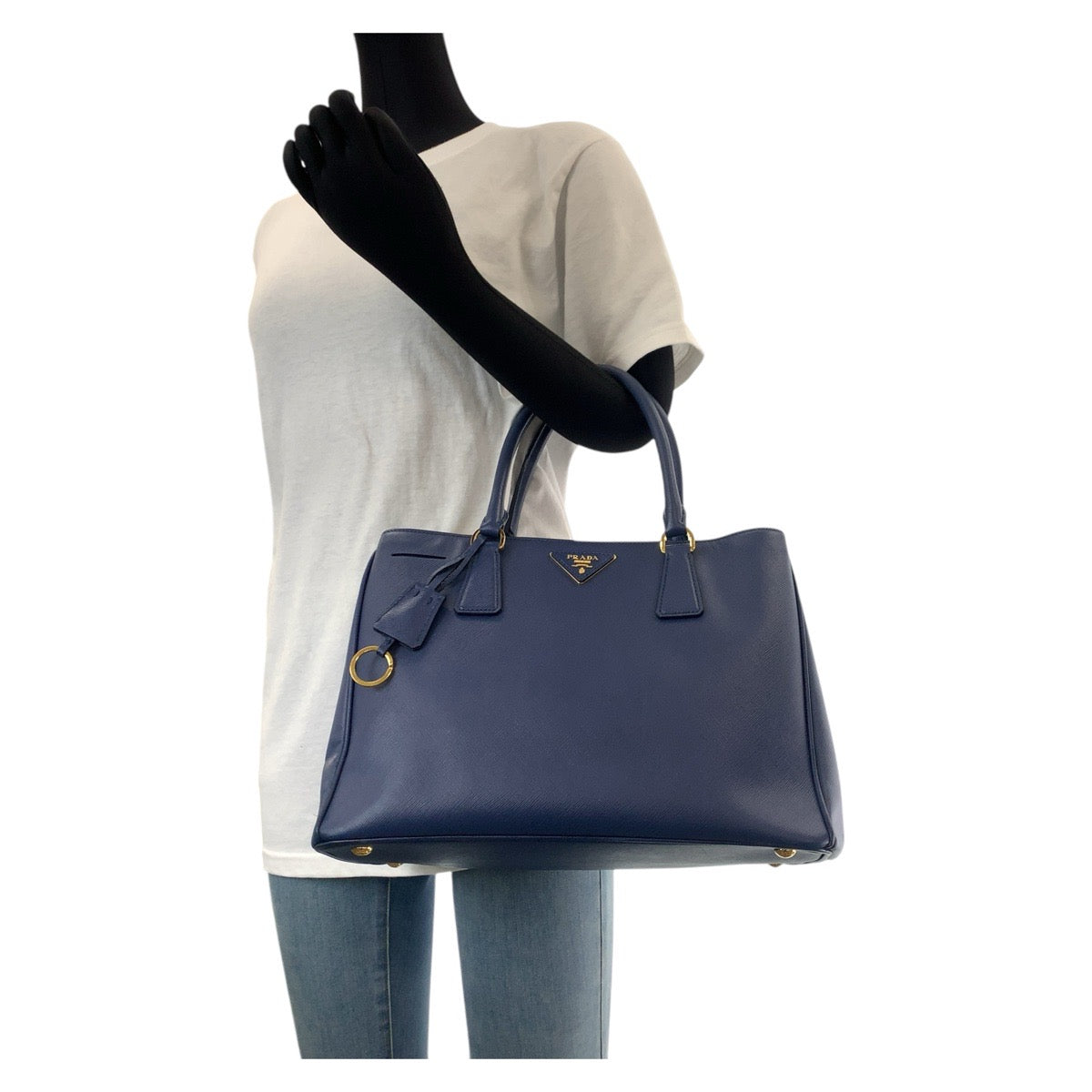 15419
PRADA プラダ サフィアーノ ガレリア 三角ロゴプレート ブルー ゴールド金具 レザー トートバッグ ショルダーバッグ 2way  レディース
