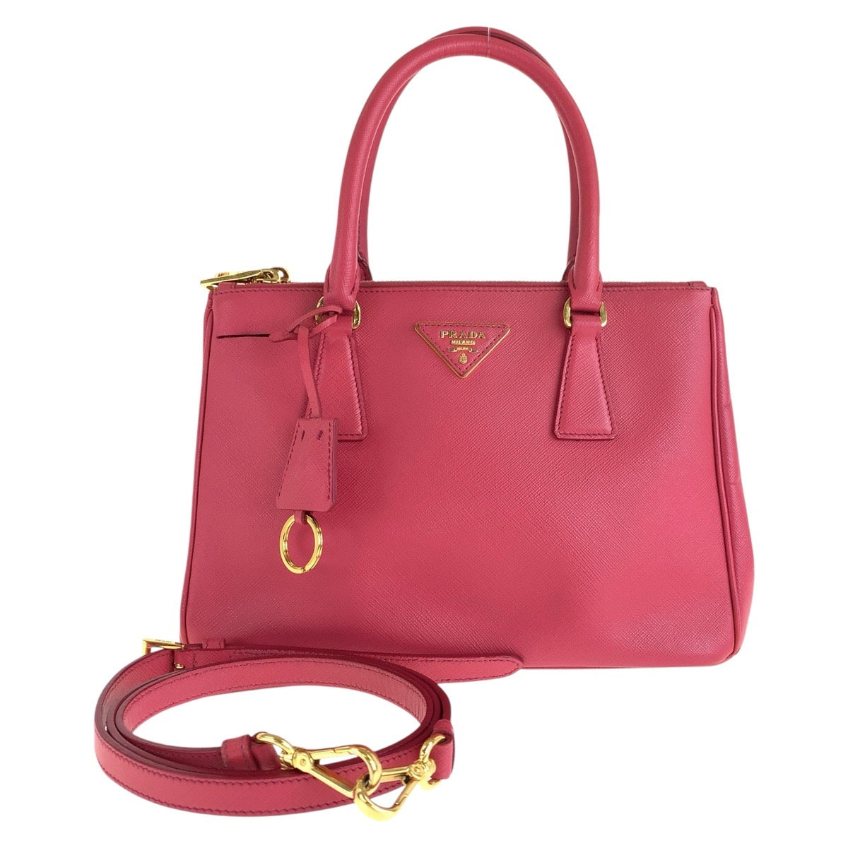 15420
PRADA プラダ サフィアーノ ガレリア 三角ロゴプレート ピンク ゴールド金具 レザー トートバッグ ショルダーバッグ 2way  レディース ABP55
