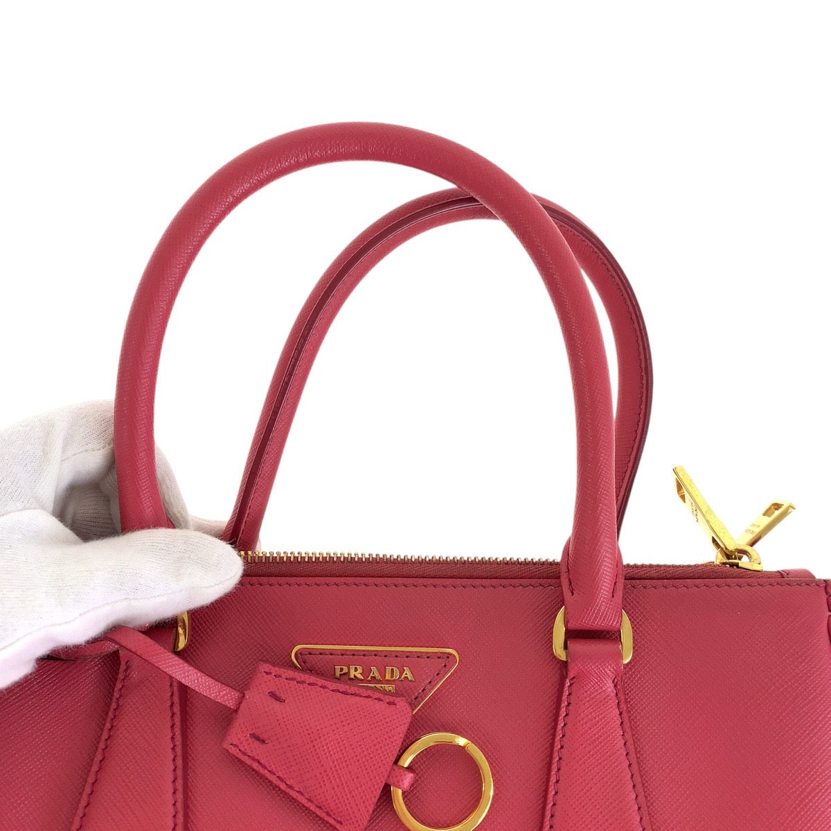15420
PRADA プラダ サフィアーノ ガレリア 三角ロゴプレート ピンク ゴールド金具 レザー トートバッグ ショルダーバッグ 2way  レディース ABP55