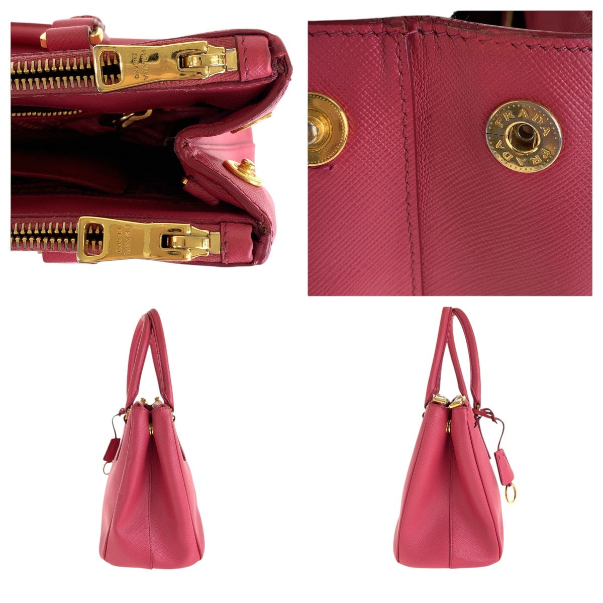 15420
PRADA プラダ サフィアーノ ガレリア 三角ロゴプレート ピンク ゴールド金具 レザー トートバッグ ショルダーバッグ 2way  レディース ABP55