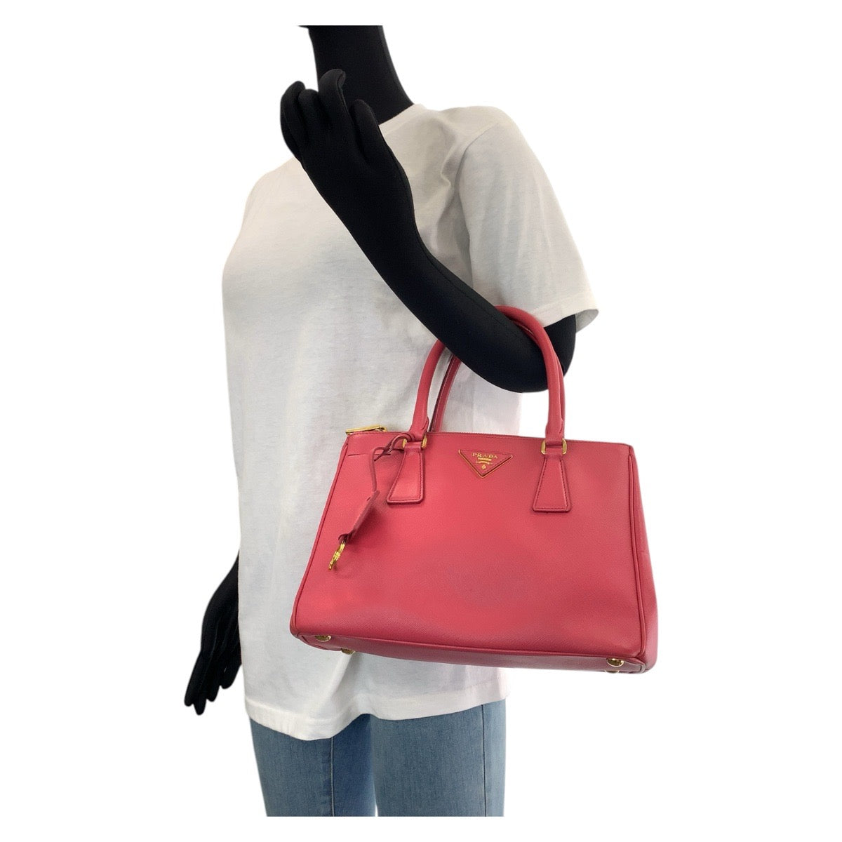 15420
PRADA プラダ サフィアーノ ガレリア 三角ロゴプレート ピンク ゴールド金具 レザー トートバッグ ショルダーバッグ 2way  レディース ABP55