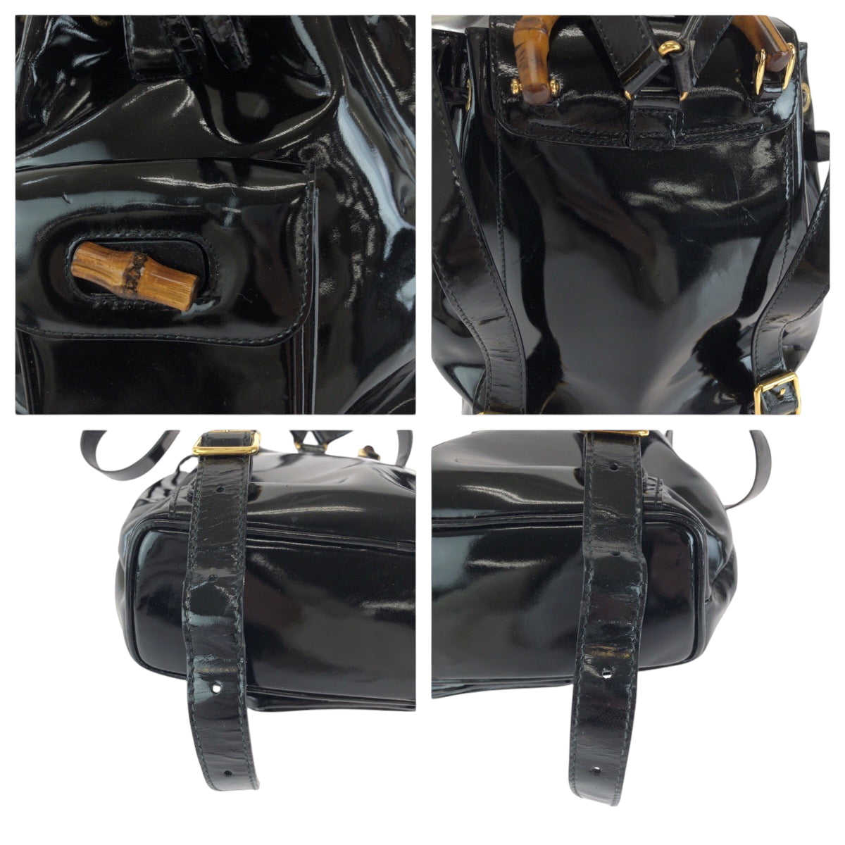 15421
GUCCI グッチ バンブー ブラック 黒 ゴールド金具 パテントレザー 003 2850 0030 リュックサック バックパック  レディース ABP17