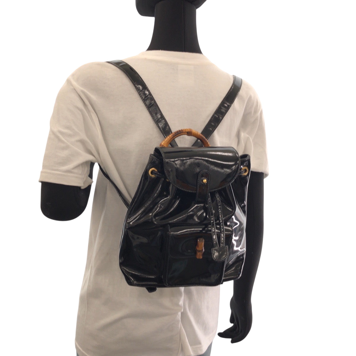 15421
GUCCI グッチ バンブー ブラック 黒 ゴールド金具 パテントレザー 003 2850 0030 リュックサック バックパック  レディース ABP17