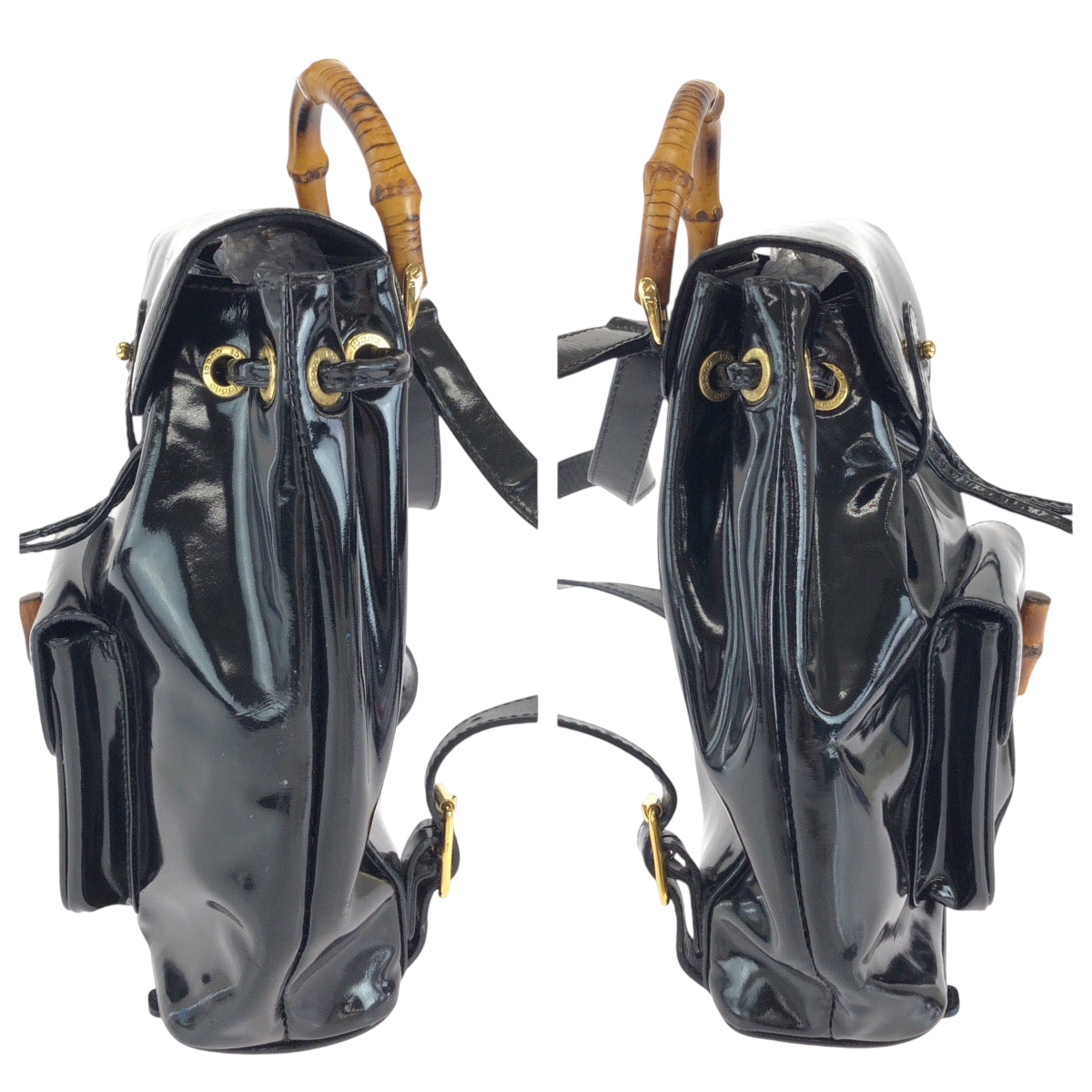 15421
GUCCI グッチ バンブー ブラック 黒 ゴールド金具 パテントレザー 003 2850 0030 リュックサック バックパック  レディース ABP17
