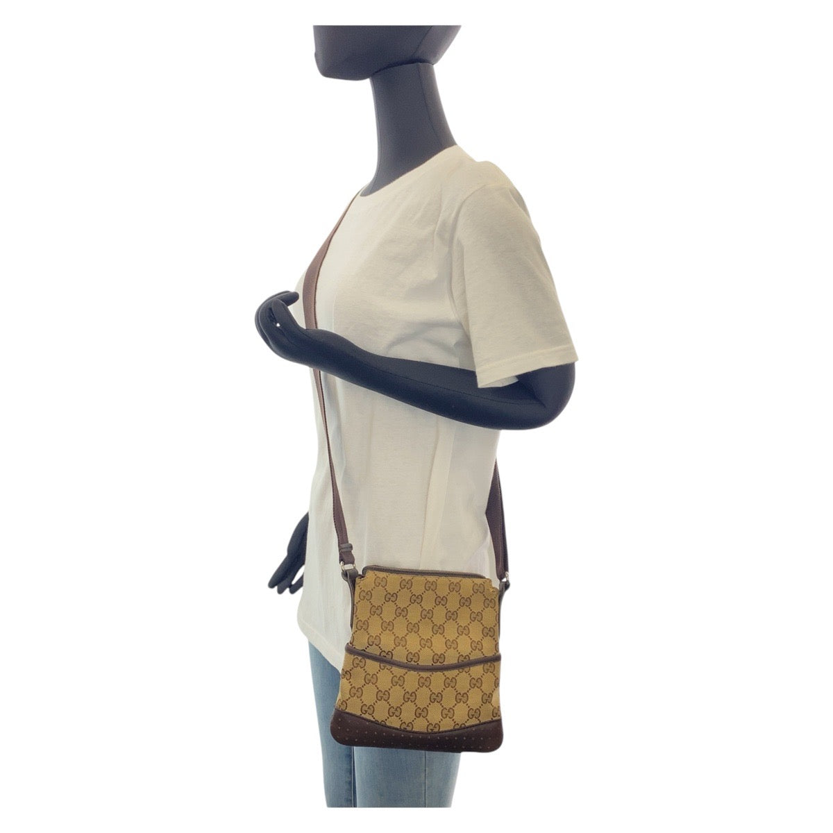 15431
GUCCI グッチ ベージュ ブラウン シルバー金具 GGキャンバス / レザー 147671 ショルダーバッグ ポシェット  レディース