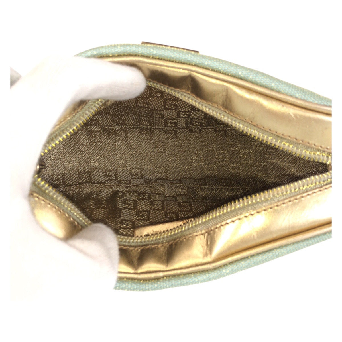 15432
GUCCI グッチ ミントグリーン ゴールド キャンバス / レザー 391133 ハンドバッグ アクセサリーポーチ  レディース