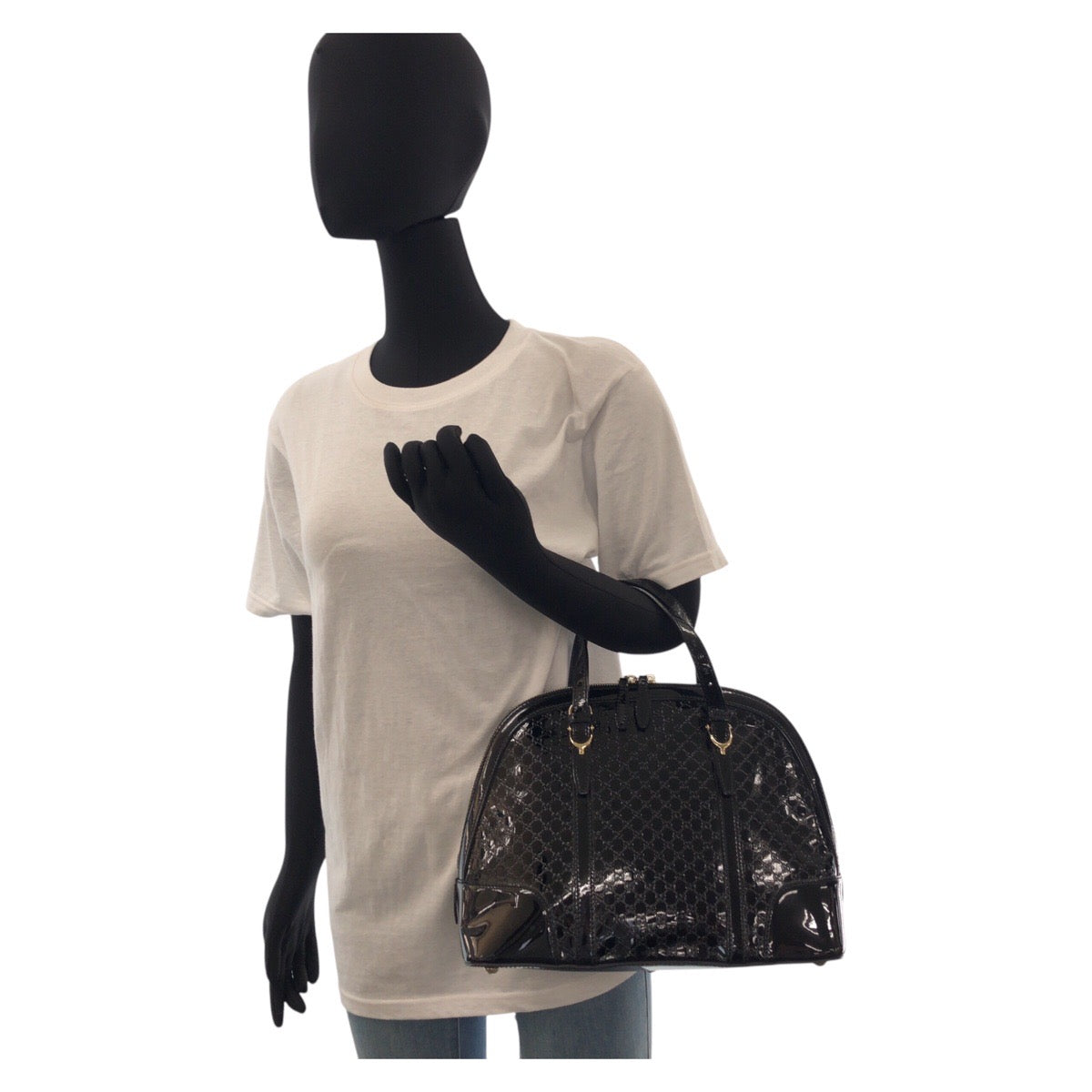 15448
GUCCI グッチ マイクログッチシマ ブラック 黒 ゴールド金具 パテントレザー 309617 ハンドバッグ  レディース