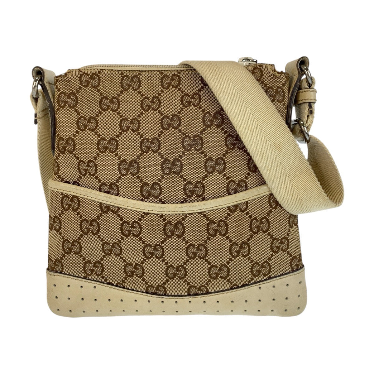 15452
GUCCI グッチ ベージュ ホワイト シルバー金具 GGキャンバス / レザー 147671 ショルダーバッグ ポシェット  レディース AB26