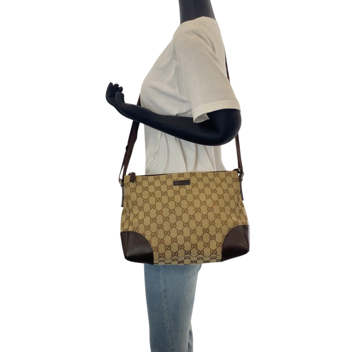 15453
GUCCI グッチ ベージュ ブラウン シルバー金具 GGキャンバス / レザー 114273 斜め掛け ショルダーバッグ  レディース A41