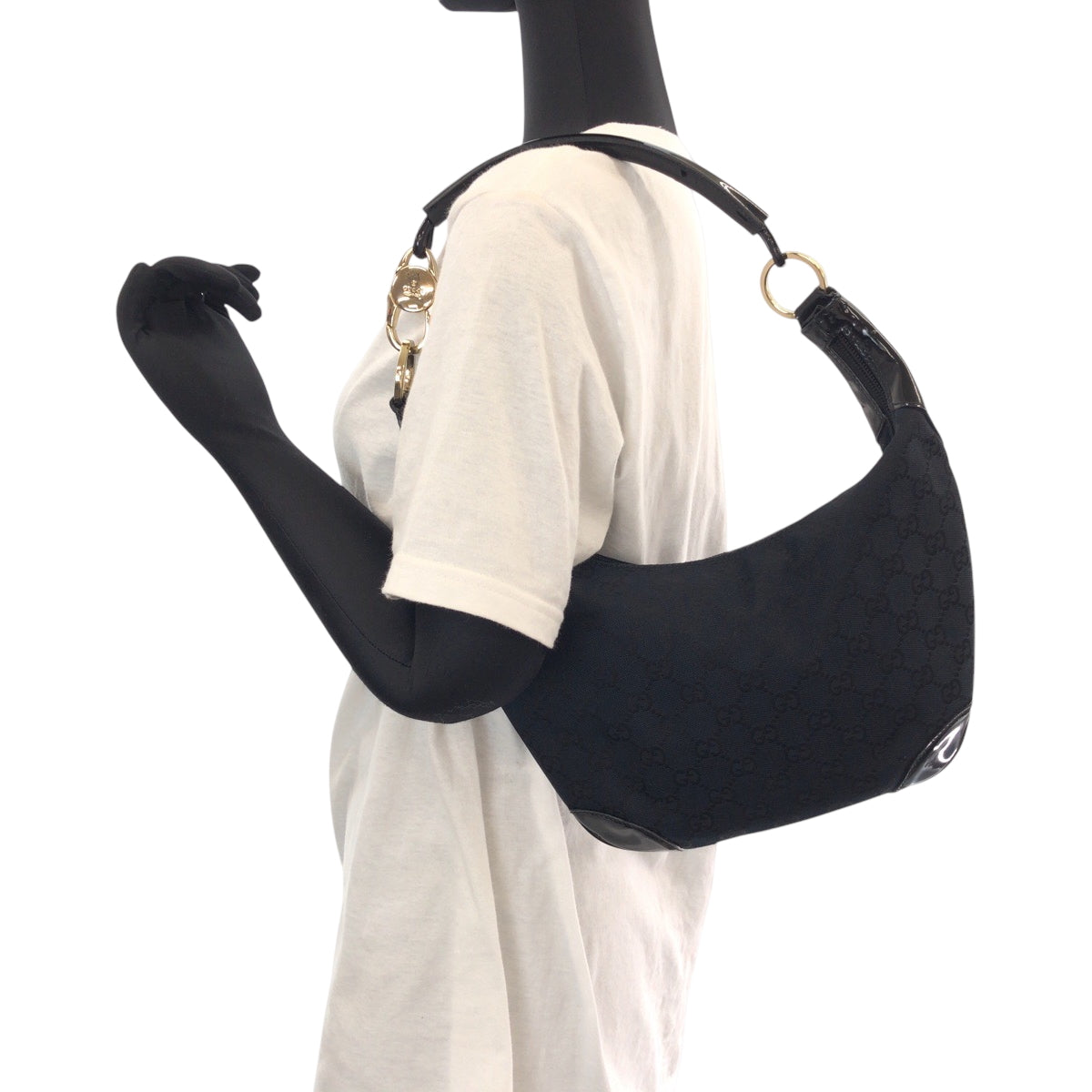 15456
GUCCI グッチ ブラック 黒 ゴールド金具 GGキャンバス / エナメル 001 4158 ホーボー ワンショルダーバッグ 肩掛け  レディース